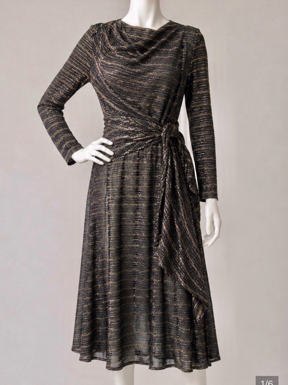 VINTAGE ILGWU 1970s Deadstock Metallic Black‎ Gold Belted Disco Wrap Dress SMALL